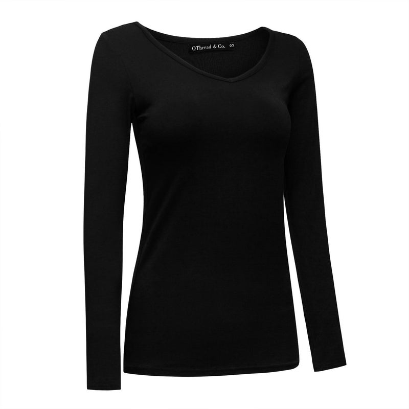 OThread & Co. Women's Long Sleeve T-Shirt V-Neck Basic Layer Stretchy Shirts (Medium, Black) - Image 3